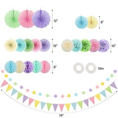 24 PCS Pastel Macaron Paper Fans Pom Poms Flowers Carnival Party Decorations Set