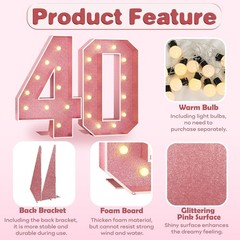 Paready 4FT Marquee 40 Numbers Rose Gold, Light Up Numbers 40 Pink 40th Birthday