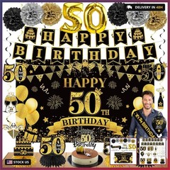42PCS 50th Birthday Decoration Kit for Men Women, Black Gold Happy 50th Bday Ban
