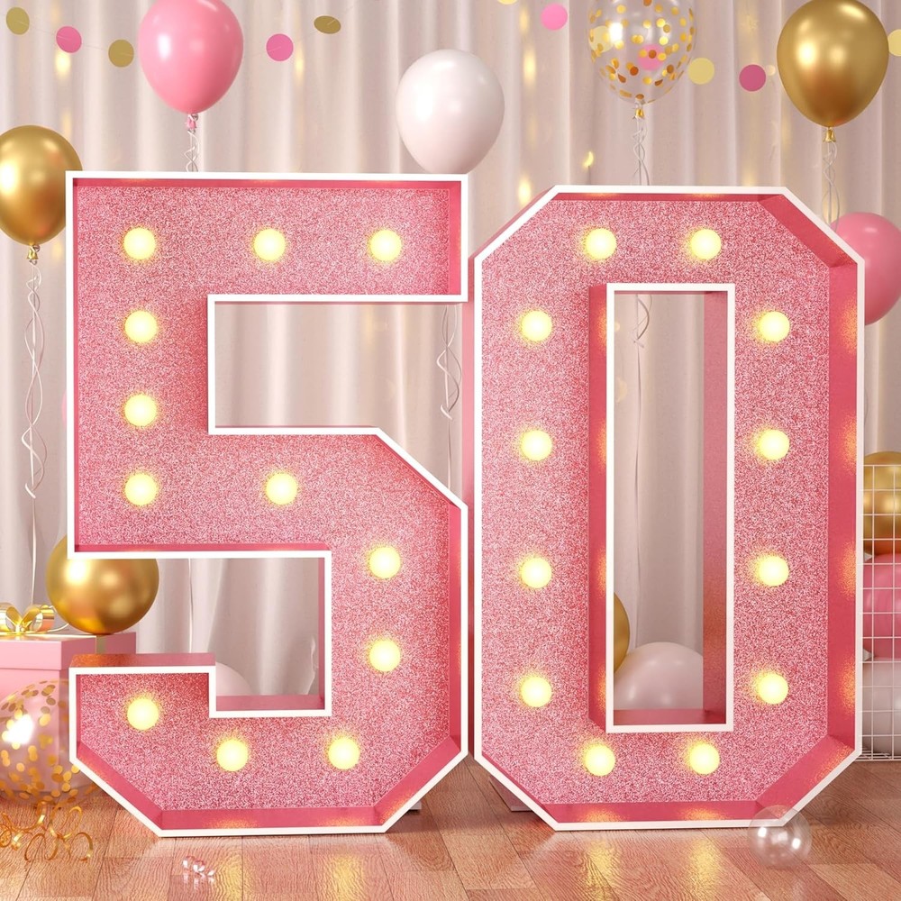 Paready 4FT Marquee 50 Numbers Rose Gold, Light Up Numbers 50 Pink 50th Birthday