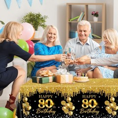 CMUSKO 80th Birthday Tablecloth, 3Pcs Black Gold 80th Birthday Decorations Ta…