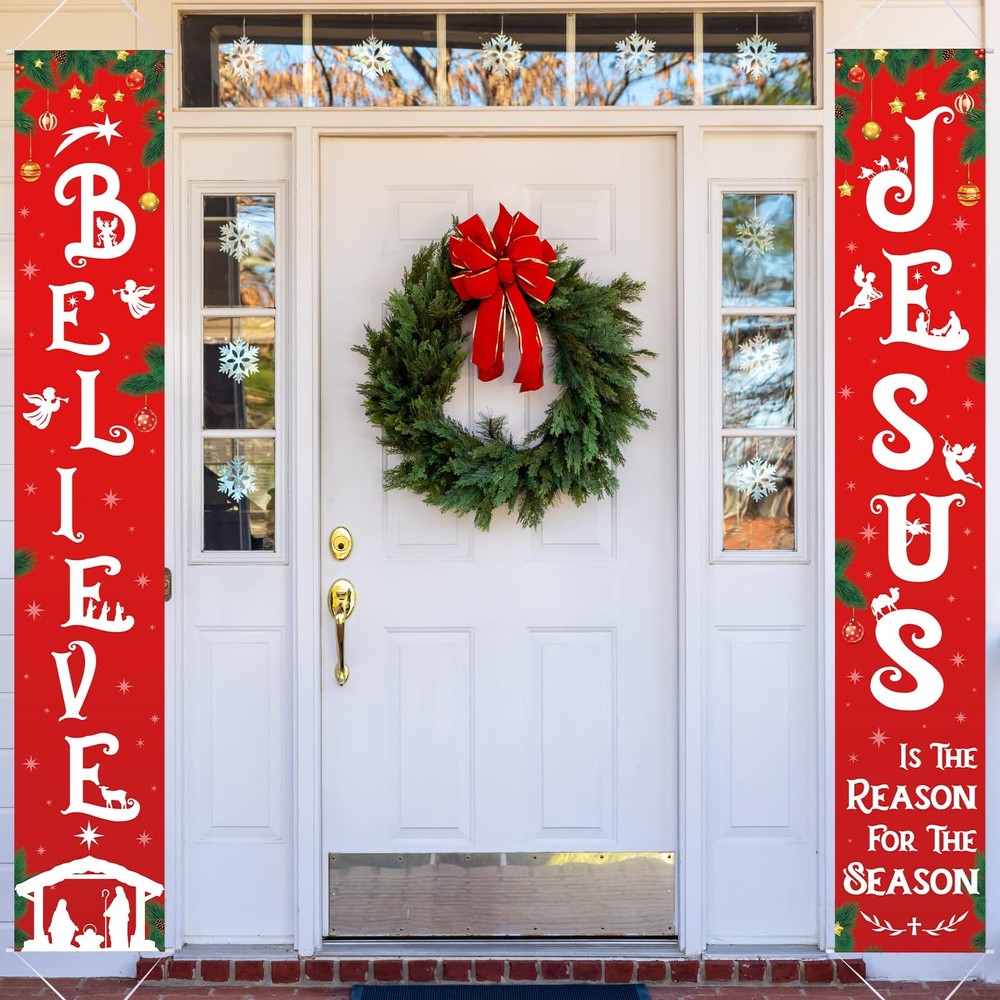 Christmas Front Porch Banner Winter Religious Nativity Scene Sign Holiday Han…