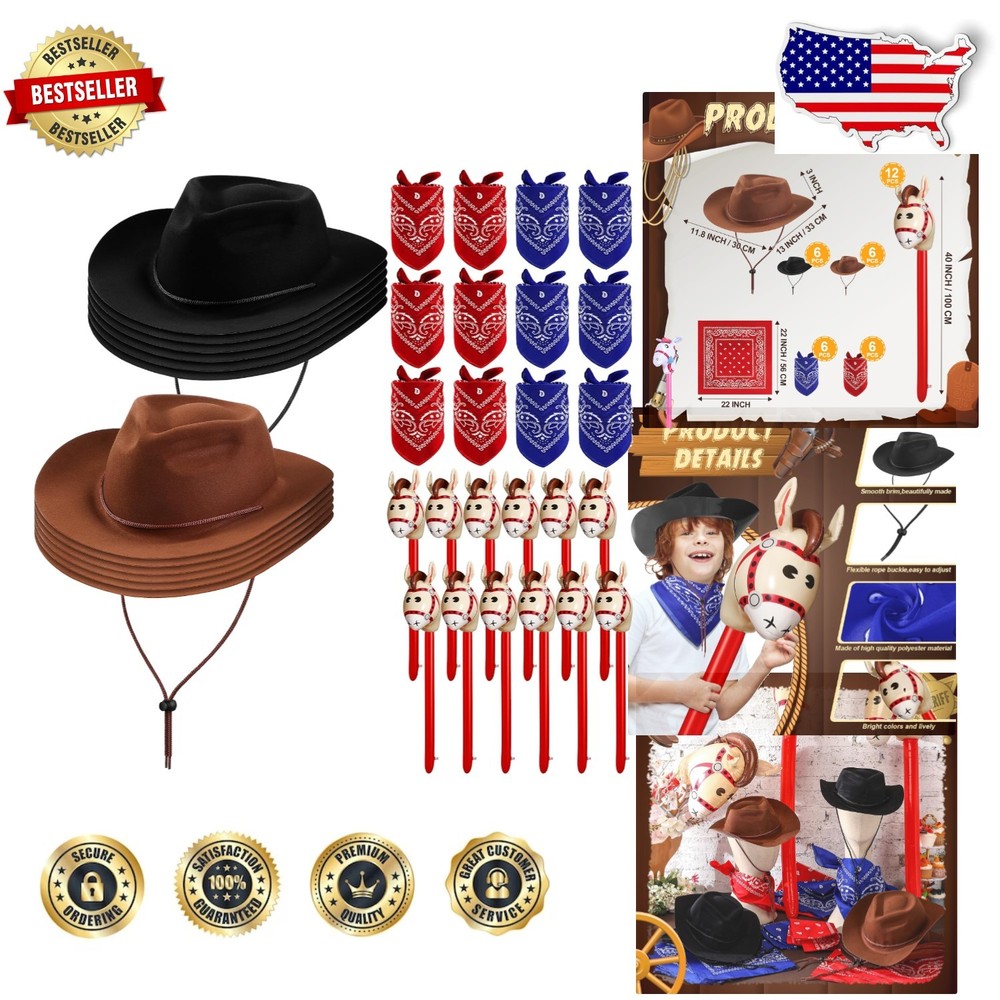 Deluxe Cowboy Party Hat Set Paisley Bandanas Inflatable Stick Horse Adult Kids