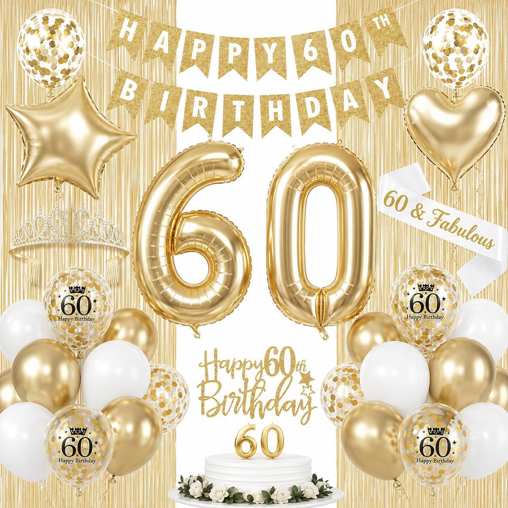 60Th Birthday Decorations for Women, Champagne Gold Happy 60Th Birthday Decorati