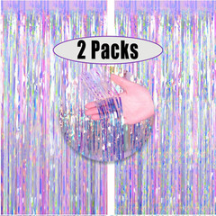 2Pc 3X8.3Ft Shiny Metallic Tinsel Foil Fringe Curtain Party Photo Booth Decor