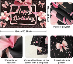 Black Rose Gold Bow Birthday Backdrop,Bow Happy Birthday Banner Decorations for