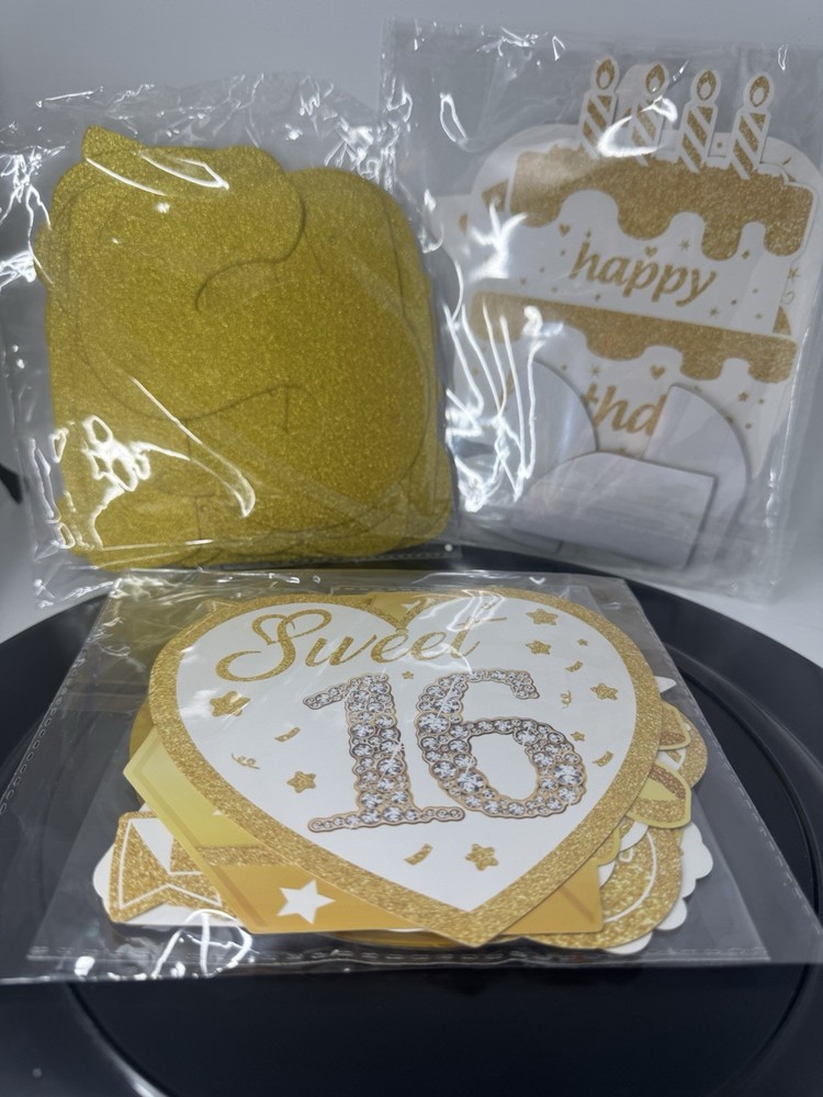 Gold and Diamond Theme Set | Sweet 16 Banner, Ceiling Twirls, and Centerpieces
