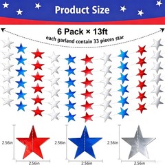 6 Pack 13ft Patriotic Star Garland, Red White Blue Hanging Glitter Star Strea…
