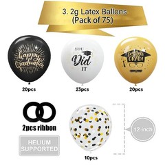 75 Pack Graduation Party Decorations Balloons Set – 12 Inch Black Gold