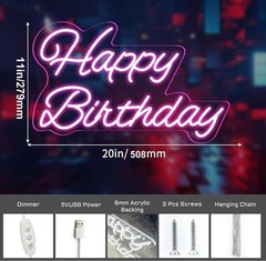 ✨ 20″ Pink «Happy Birthday» LED Neon Sign (Adjustable Brightness)