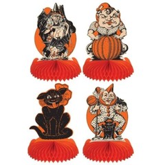 Beistle Vintage Halloween 4 Pack 9in Tissue Centerpieces Witch Creepy Clowns Cat