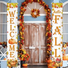 Hello Fall Decorations Pumpkins Maple Leaves Porch Sign Door Banner Gift 12″x72″