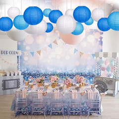 Blue Paper Lanterns 12 Pcs Assorted size of 6″ 8″ 10″ 12″ Chinese Round Paper Ha