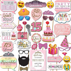 Quinceanera Photo Booth Props – 41-Pc Photobooth Kit with 8 X 10-Inch Sign, 60 A