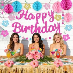 Hawaiian Luau Party Decorations Glittery Pink Happy Banner for Tropical Party…