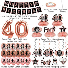 34Pcs 40Th Birthday Decorations Kit for Women, Rose Gold Happy 40 Birthday Banne
