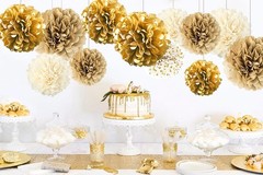 12 PCS Gold White Hanging Tissue Paper Pom Poms for Wedding Birthday Party