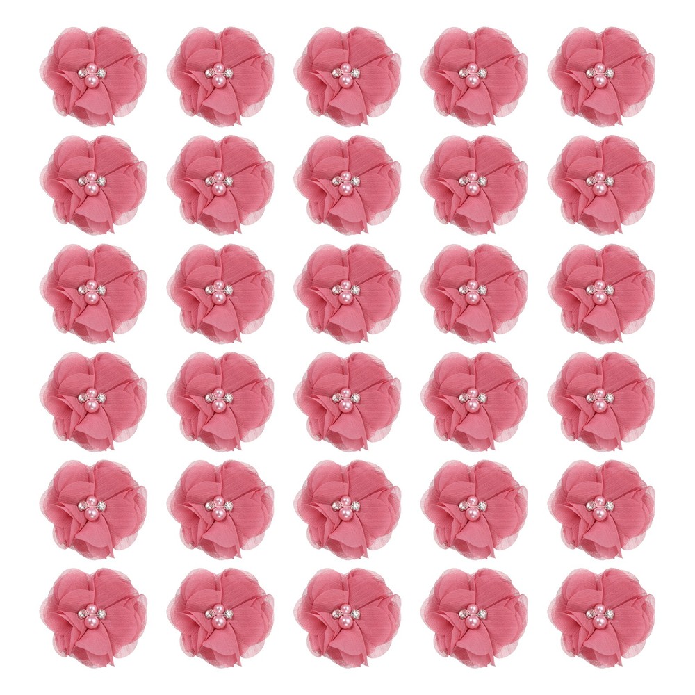 30Pcs 2″ Chiffon Flowers with Rhinestone Pearl Sewing Fabric Flowers, Dark Pink