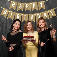 Pre-Strung Gold Happy Birthday Banner Decorations,12 ft No DIY Gold Glitter B…