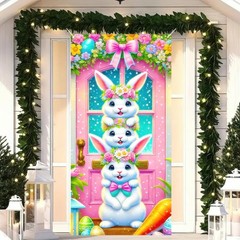 Easter Decorations Colorful Flowers Eggs Carrot Bunny Door Cover Banner 71×35″