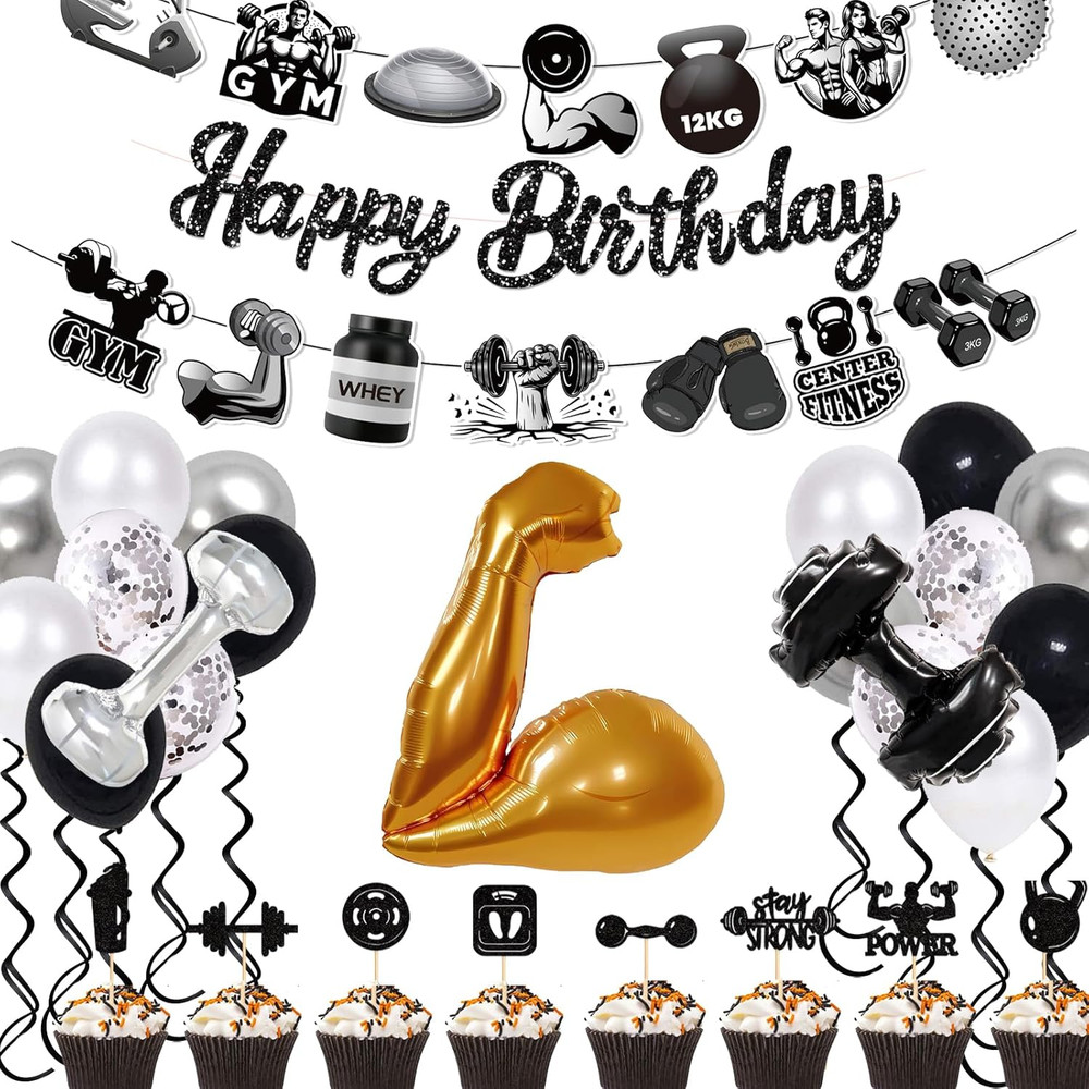 Gym Birthday Party Decorations, 30PCS Workout Gym Decor Set with Gold Muscle & D