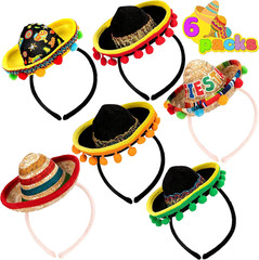 6 Pcs Sombrero Headbands Fabric & Straw Fiesta Party Photo Props One Size Adults
