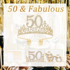 50th Birthday Decorations – Sash, Tiara & Crown for 2 piece Set, Gold