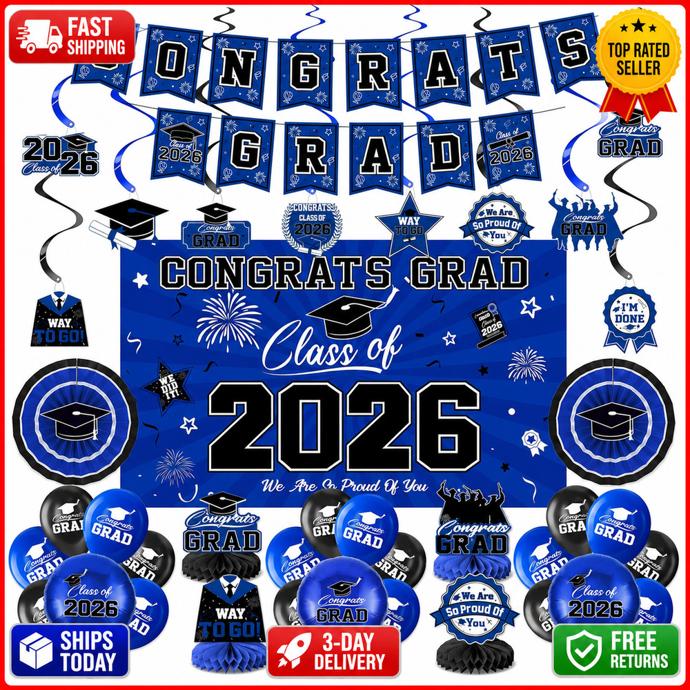 Class of 2026 Graduation Party Decorations – Blue and Black Theme Set