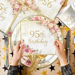 95th Birthday Party Tableware, 142Pcs Rose Gold 95th Birthday Decorations Inc…