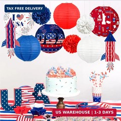 4th of July Decorations Red White Blue Paper Lanterns Flower Tissue Pom Poms Fan
