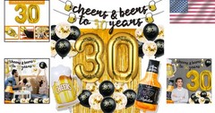 Memorable 30th Birthday Party Pack: Gold Balloons, Banner & Fringe Curtain