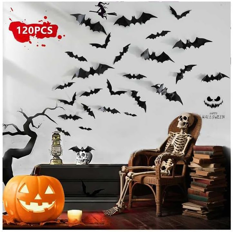 120Pc Halloween Bats Decor Outdoor Indoor,3D Bat Sticker Window (4 Sizes, Black)