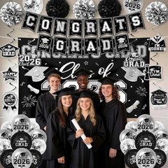 Black and Silver Graduation Decorations 2026 Set, All-In-1 Kit with Congrats Gra