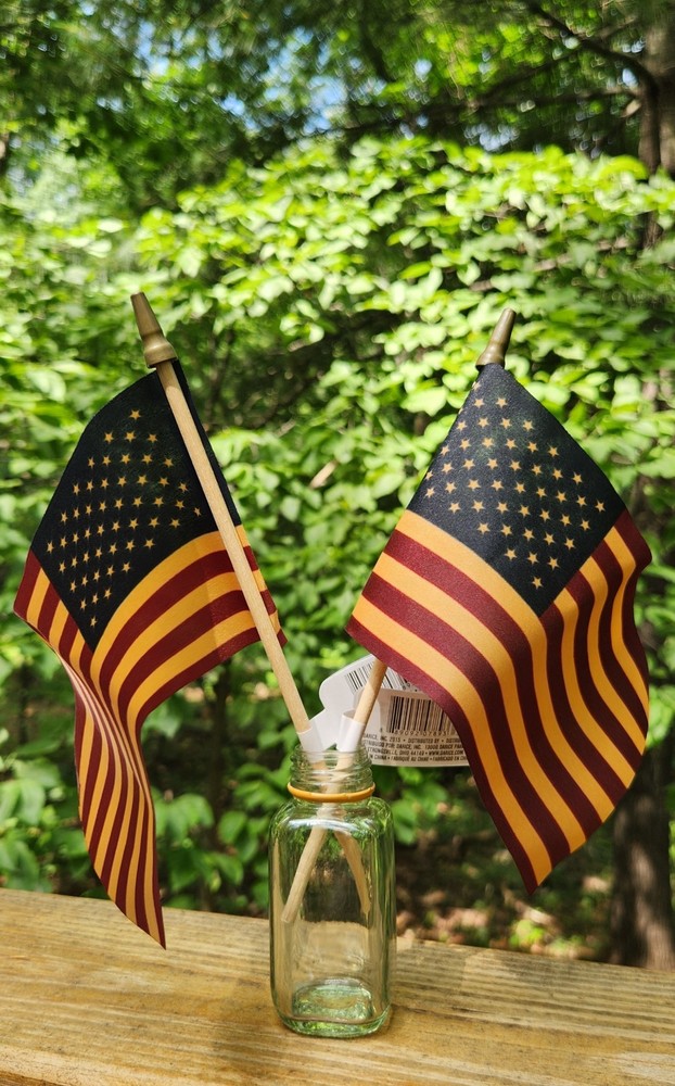 NEW! Tea Stained 4″ x 6″ American Flag on Wood Stick with Gold Top – 2/Pack USA