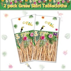 2 Pack Hawaiian Luau Grass Tablecloths, Hawaii Luau Table Skirt Party