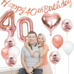 Rose Gold 40th Birthday Decorations Set for Women Banner, Number Balloon, Heart
