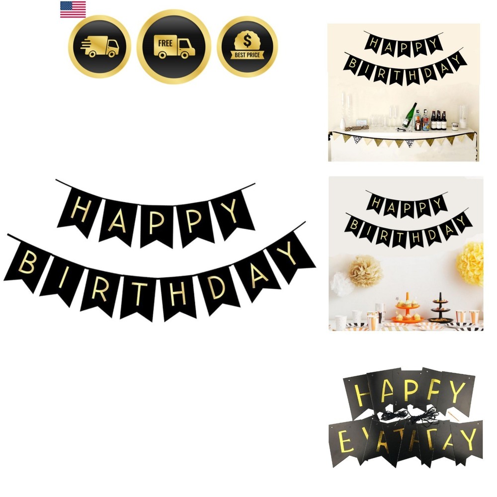 Black Happy Birthday Bunting Banner with Shiny Gold Letters Party Supplies