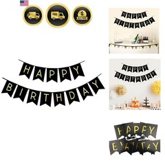 Black Happy Birthday Bunting Banner with Shiny Gold Letters Party Supplies