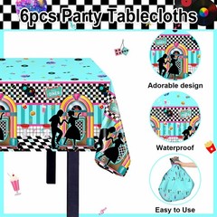 6 Pack 50s Tablecloths – Vintage Rock ‘n’ Roll Party Decorations, 108×54 Inch