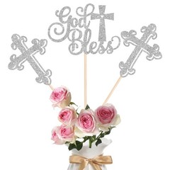 Baptism Centerpiece Sticks God Bless Cross Table Toppers Silver 12 PCS Decor