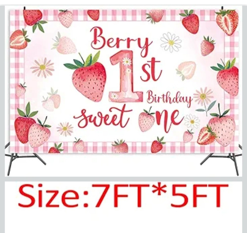 Strawberry First Birthday Photo Backdrop 7ft x 5ft party decor sweetheart