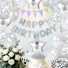 Silver Happy Birthday Decorations Kit, Iridescent Happy Birthday Banner and Penn