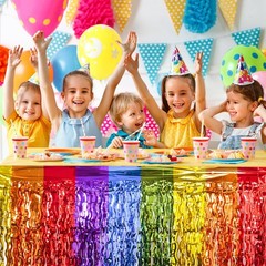 Rainbow Party Decorations, 4 Pack Foil Fringe Table Skirts