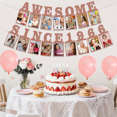 Pre-Strung Awesome since 1966 Photo Banner Birthday Decorations for Women- Pink