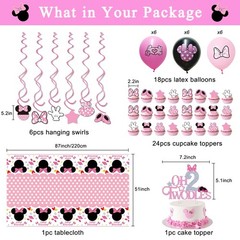 Pink Mouse Happy Birthday Banner Hanging Swirls Tablecloth Cake Topper Balloon