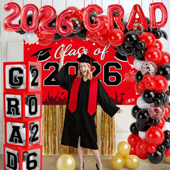 Graduation Decorations 2026, Red Black Graduation Party Decorations 123Pcs Ballo