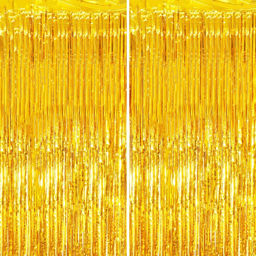 2 Pack Gold Tinsel Foil Fringe Curtains Metallic Streamers Party Backdrop