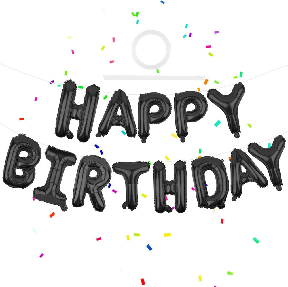 Happy Birthday Balloons Banner Black 16 Inch Mylar Foil Letters