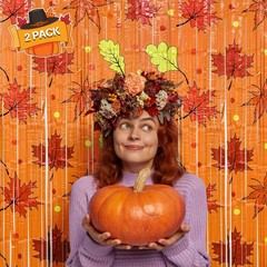 2 Pack Orange Maple Leaf Foil Fringe Curtains, 3.3×6.6 ft Fall Photo Backdrop