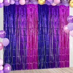 2 Pack Purple Pink Foil Fringe Curtains Streamers Backdrop for Music 6.6×6.6Ft